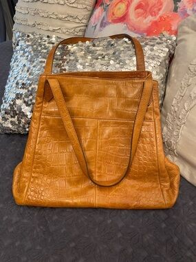 Croc-Embossed Tan Leather Tote Bag for Women Margot